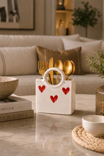 Image of Ceramic Utensil Holder, White Kitchen Organiser, Cutlery Set Holder (Heart)