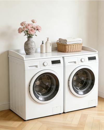 Mueble para lavadora y secadora, soporte de madera para lavadora, estante para lavadora con barra de seguridad, cubierta de madera para lavadora, organización de cubierta para lavadora