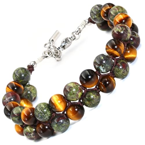 Authentic Tiger Eye Stone Bracelet for Men, Handmade Mens Bracelet Premium Tiger Eye Dragon Bloodstone Bead Bracelets Double Wrap, 7.5