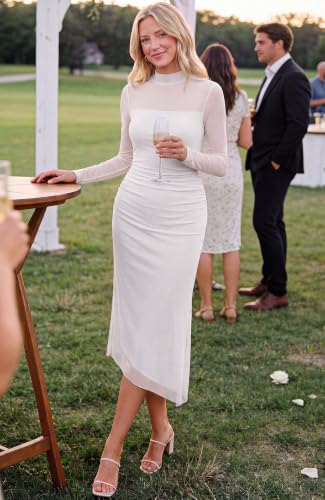BTFBM Womens Long Sleeve Mesh Sheer Bodycon Midi Dresses,White,XX-Large - image 2