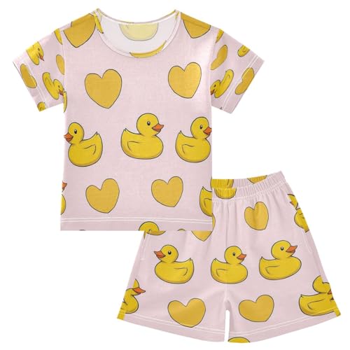 Pajama Sets Short Sleeve Yellow Ducks and Hearts Soft Cotton Summer Sleepwear 2 Piece PJS Size 5-14T