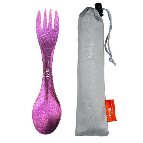 TiTo Titanium Outdoor 2-in-1 Titan Löffel/Spork mit Griff,Multifunktional Tragbare Ultraleichtem Besteck Camping Rucksackreisen mit Aufbewahrungstasche für Trekking (Rose)