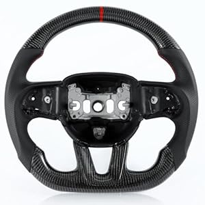 Tesfeel Steering Wheel for Dodge Charger for Dodge Challenger 2015-2024, 3K Real Carbon Fiber Steering Wheel D-shaped Flat-bottom Preforated Leather Grip (SXT/GT/RT/SRT/For Hellcat)