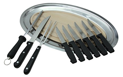 Lebrun couvert Plat à viande avec Planche à découper ovale/Couteau à découper/Fourchette à viande/Fusil/6 Couteaux steak Acier Inoxydable Inox 46 x 28,5 x 5 cm