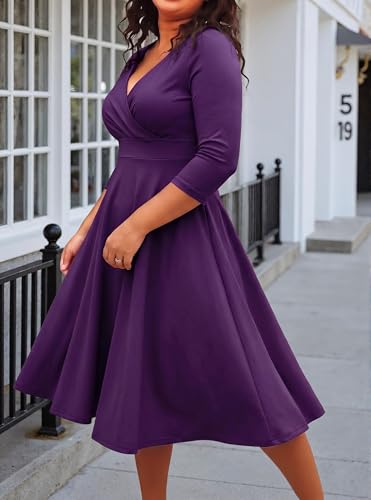 Image of Womens Plus Size Dresses Faux Wrap Summer Dress 3 /4 Sleeves V Neck 1950s Retro Vintage Wedding Party Midi Dress