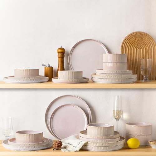 Image of TheTerra Ceramic Dinnerware Sets for 6, 18 Pieces Porcelain Lightweight Plates and Bowls Sets, Scratch Resistant Dish Set, Oven & Microwave & Dishwasher Safe, Primrose Pink