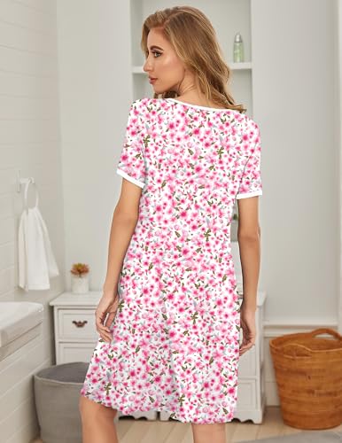 Image of Ekouaer Women's Nightgown Short Sleeve Sleepwear Comfy Sleepshirts Pleated Scoopneck Nightshirt S-XXXL