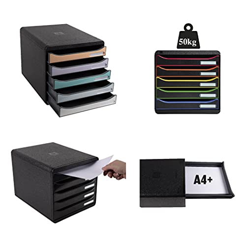 Exacompta-Ref-3097213D-BIG-BOX-PLUS-Desktop-Drawer-Set-5-x-43mm-Drawers-Suitable-for-A4-Documents-347-x-278-x-271mm-100-Recycled-Plastic-BlackGlossy-White