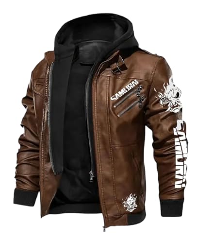 Mens Darker Future Cyberr-Punk Halloween Samurai Real Leather Bomber Jacket with Hood - Gaming Cosplay2