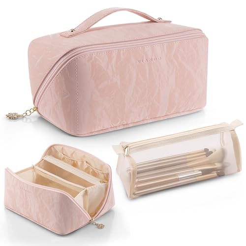 Vlando Makeup Bag,Large Capacity Toiletry Bag for Women Waterproof Portable Make up Pouch PU Leather Open Flat Cosmetic Bag(Sand Pink) 09-Sand Pink