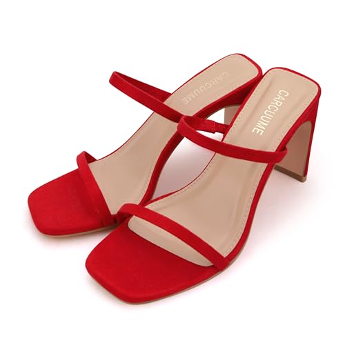 Image of Carcuume Women's Square Toe Two Strap Open Toe Block Heels Sandals Slip On Shoes