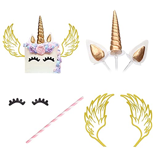 Unicorn Cake Topper Kit Birthday Decorations With Eyelashes Reusable Gold Horn And Wings Unicorn Party Supplies For Birthday Party Wedding Baby Shower #TOP1