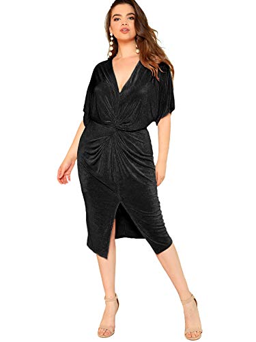 Floerns Women's Short Sleeve V Neck Twist Front Split Midi Dress Black 0XL - Image 5