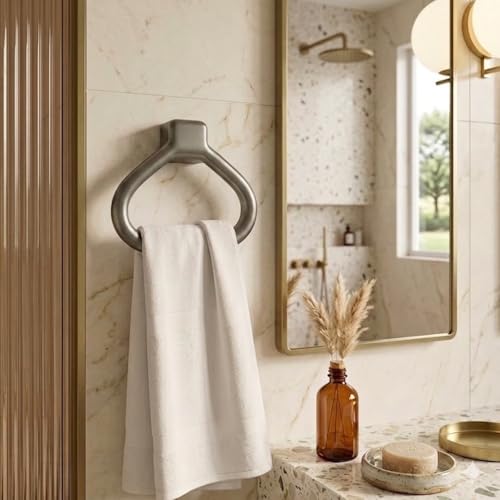 Image of Branco Modern Wall Mounted Towel Ring Holder | Self Adhesive Towel Ring for Bathroom | Premium Plastic Bathroom Hand Towel Hanger, Durable & Rust-Free, Easy Installation (Metallic Grey)