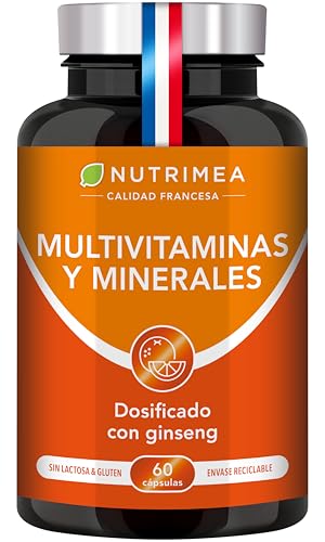 Multivitaminas y Minerales - Fórmula única con Ginseng - Vitaminas B1, B3, B6, B9, B12, C, D3, Hierro y Calcio - Energía Vitalidad- Fabricado en Francia - Nutrimea