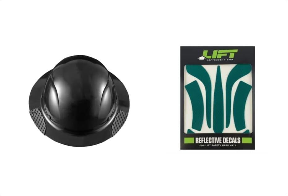 Lift Safety Helmet - DAX Fiber Resin Full Brim Black HDF-15KG with Green DAX Reflective Decals HDRD-20GN