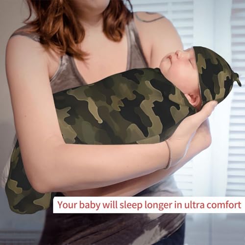 Image of Brown Green Camouflage Swaddle Blanket with Beanie Hat Set Newborn Receiving Blankets Baby Swaddle Wrap Soft Swaddle Blankets for Baby Boys and Girls