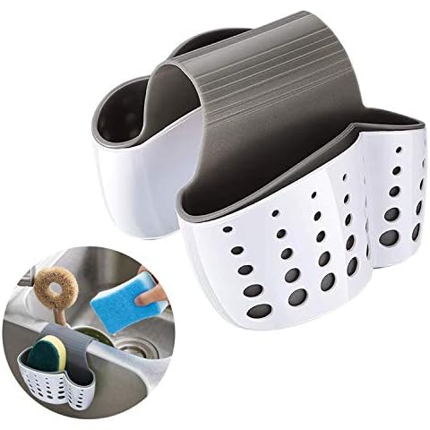 Sink Caddy Sponge Holder for Kitchen Sink Faucet Hanging Sink Sponge Caddy Organizer for Sponge, Brush, Soap, Silicone Plastic Saddle Faucet Flexible Caddy with Drain Holes for Drying,Double White Cover
