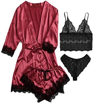 SOLY HUX Women's Satin Pajama Set 4pcs Floral Lace Trim Cami Lingerie Sleepwear with Robe Burgundy Small