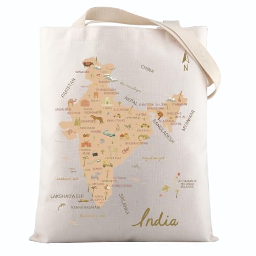 VAMSII India Souvenir Gift India Travel Map Tote Bag India Lover Gift East Of India Landmarks Themed Travel Bag