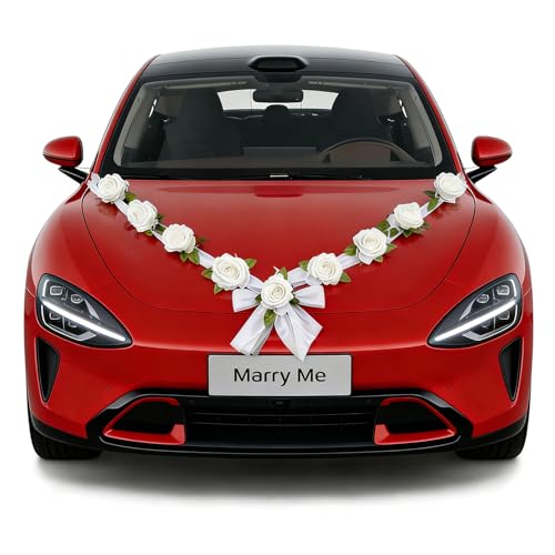 Set de Décoration pour Voiture de Mariage, 2x 180cm Ornement Capot avec Magnifiques Fleurs en Soie - Pour Calandre et Partie Avant - Idéal Cérémonie...