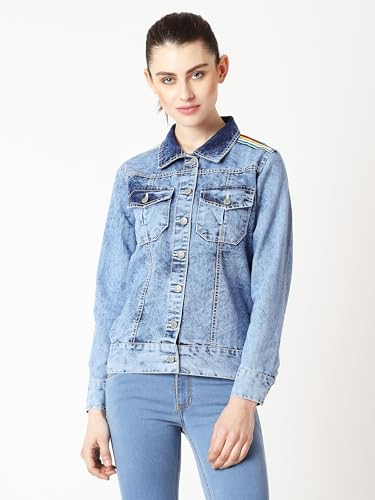 Image of Miss Chase Women's Polo Neck Full Sleeves Patch Pocket Denim Overcoat Knee-Length Jacket