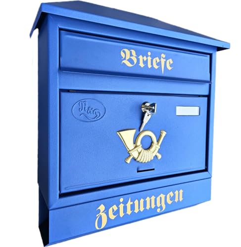 Großer Briefkasten/Postkasten XXL Blau Matt RAL 5005 mit Zeitungsrolle Zeitungsfach Schrägdach Trapezdach Wandmontage