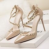★ Schließen: Slip-On. AORISSE Damen High Heels, Damen Spitzen Zehen Knöchelriemen High Heels Pumps Kleid Court Schuhe, Einfache Sexy Nachtclub Stiletto High Heels Niet Hohlwort Gürtel Sandalen,Nude,40EU
