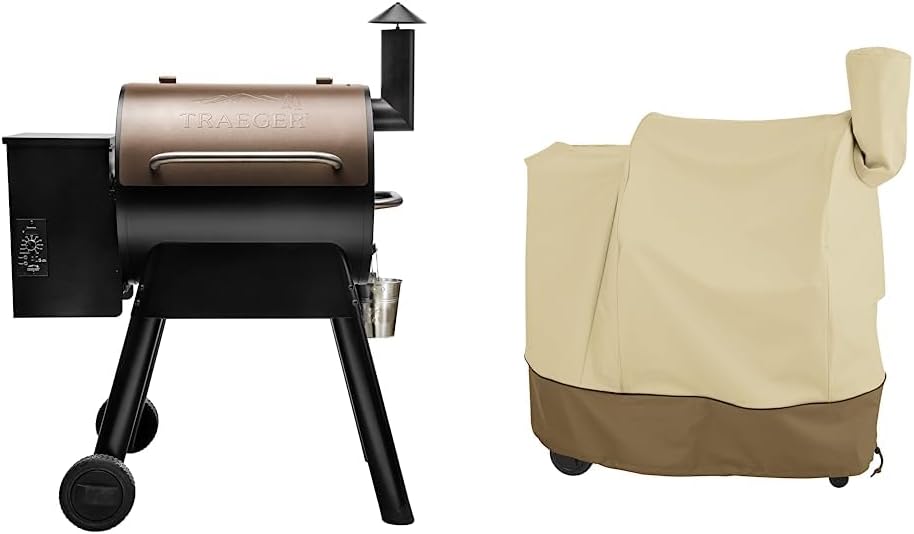 Parrilla y ahumador de pellets de madera eléctrica Traeger Grills Pro Series 22, bronce, extra grande y accesorios clásicos Veranda resistente al agua 41 pulgadas parrilla para barbacoa de pellets Traeger con tapa de brazo de escape