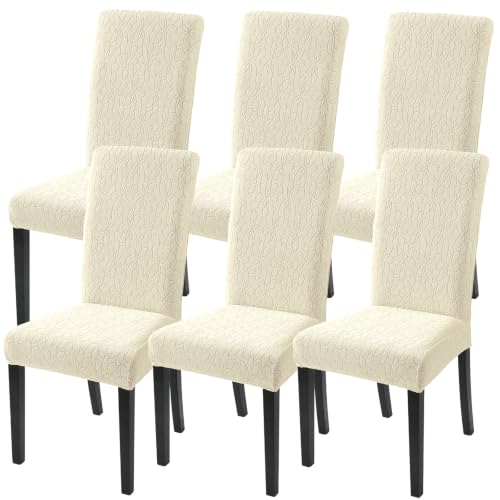 Image of SearchI Jacquard Dining Room Chair Covers Set of 6, Stretch Kitchen Chair Covers Washable Parsons Chair Slipcover Removable Dining Chair Protectors for Hotel,Ceremony(Beige Floral Texture)