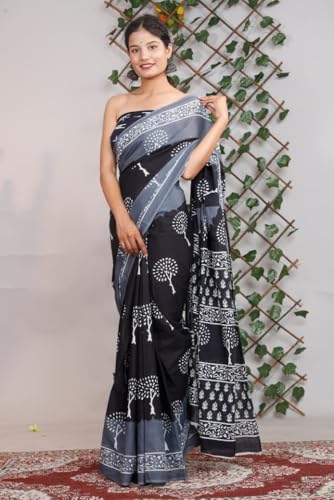 Image of Crafts Moda Pure Cotton Floral Print Saree with Blouse for Women