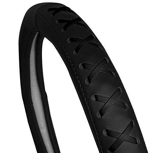 Image of FH Group Universal Fit 15 Inch Genuine Leather with Lace-Up Detailing Steering Wheel Cover fits Most Cars, SUVs Black