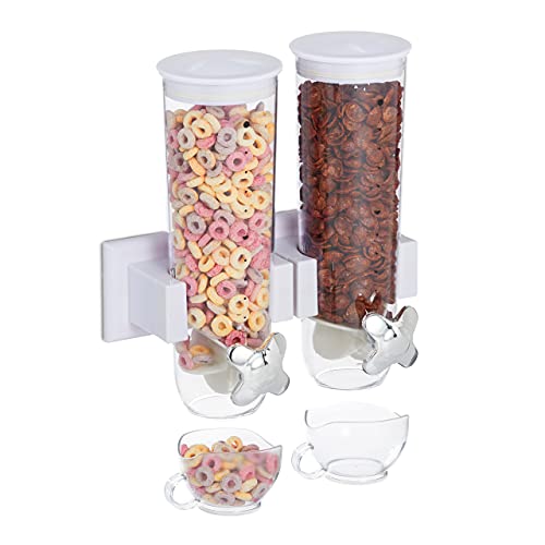 Relaxdays Dispenser Cereali Doppio, Montaggio a Parete, Distributore per Corn Flakes e Dolcetti, in Plastica, Bianco