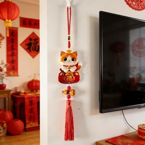 KYMY Lucky Cat Chinese Vietnamese New Year Hanging Ornament 14.9 Inch, Maneki Neko Red Tassel Decor with Bell & Gourd, Fortune Cat Spring Festival Door Window Home Decoration
