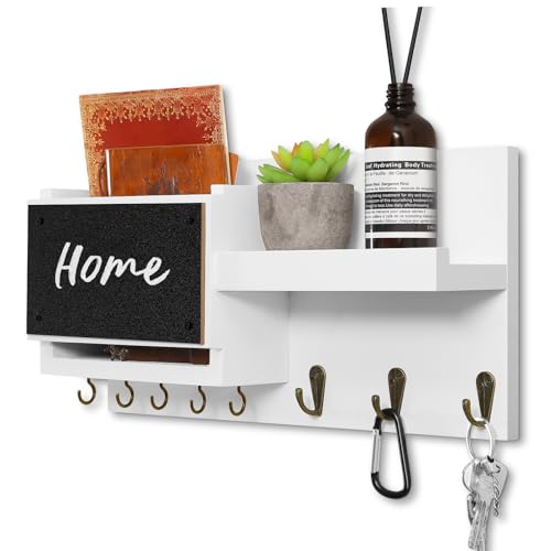 Webravery KEY HOOKS03 Decorative Key Hanging Rack With 8 Hooks – Easy Install Natural Wooden Key And Mail Holder For Wall Mount – Sunglasses Wallet Holder Entryway Decor With Shelf And Chalkboard cover