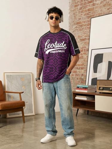 Image of LEOTUDE Oversized Sports T-Shirt for Men | Streetwear Printed Half Sleeve Round Neck Jersey Style Tee | Casual Gym & Athleisure Wear (Color:Purple)