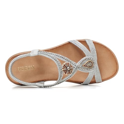 Image of UBFEN Womens Rhinestone Flat Sandals Comfortable Vacation Bohemian Style