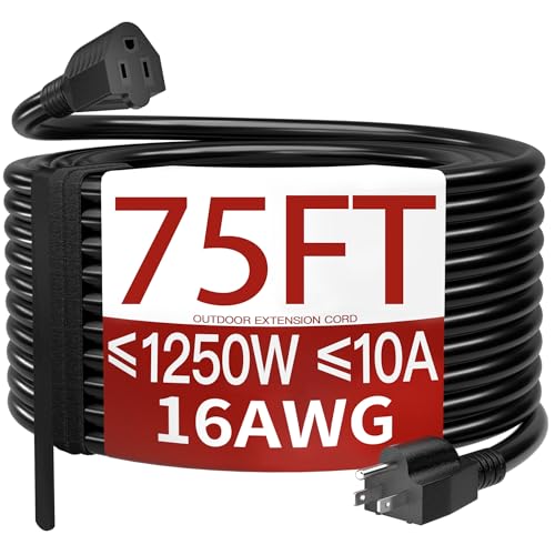 Image of 16 /3 75 Ft Outdoor Extension Cord Waterproof, Weatherproof & Flame Retardant Black 3 Prong Power Cord Outside for Lawn & Garden, 10 Amps 1250 Watts 125 VAC 16AWG SJTW, ETL Listed