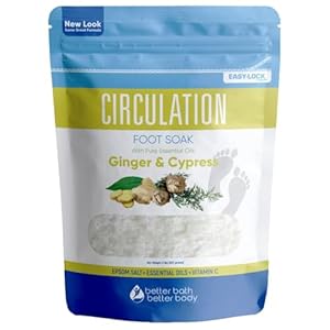 Circulation Foot Soak (2 Lbs) Epsom Salt with Natural Ginger, Cypress, Eucalyptus, and Lavender Essential Oils Plus Vitamin C in BPA Free Pouch with Easy Press-Lock Seal