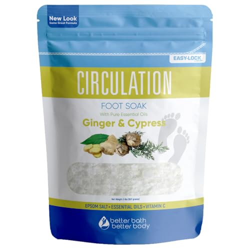 Circulation Foot Soak (2 Lbs) Epsom Salt with Natural Ginger, Cypress, Eucalyptus, and Lavender Essential Oils Plus Vitamin C in BPA Free Pouch with Easy Press-Lock Seal