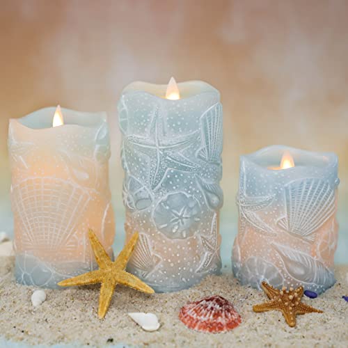 Silverstro Seashell Flameless Candles Remote: Carved Ocean Theme Real Wax