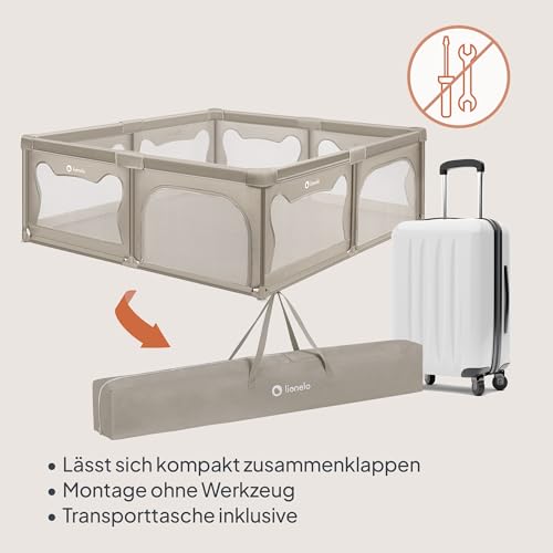 LIONELO WILLOW XL Laufgitter Baby, ab 0-48 Monaten große Fläche 187 cm x 207 cm x 68 cm, Laufgitter Baby mit Seitenwände aus atmungsaktiven Netzstoff, 2 Seitliche Eingänge mit einem Reißverschluss