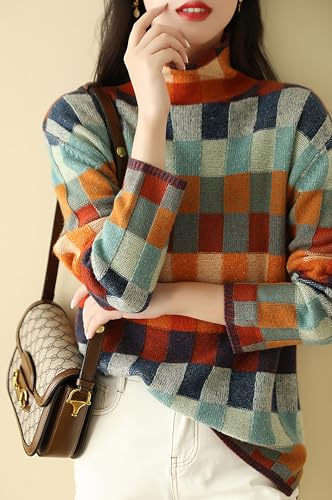 Image of CORIRESHA Women's Multicolor Checkered Turtleneck Long Sleeves Knit Casual Cozy Lazy Color Block Sweater