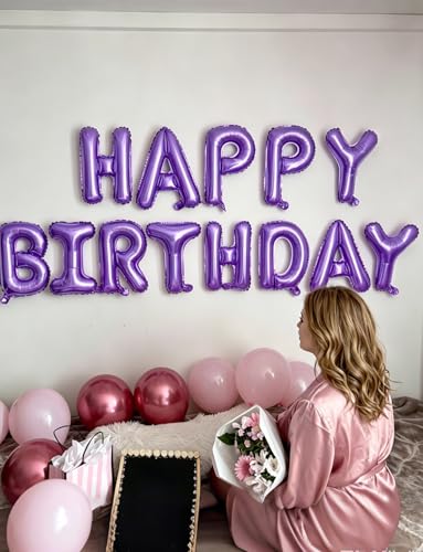 Image of Purple Happy Birthday Balloon Banner, 16 Inch Foil Letter Balloons, Purple Birthday Decorations for Women Girls Teens, Adult Birthday Party Photo Backdrop