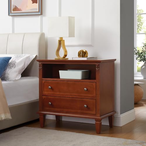 Dresser Nightstand with 2 Drawers & Open Storage, Charging Station with USB Ports & Outlets, Mid-Century Modern Side Table with Solid Wood Legs, Farmhouse Night Stand for Bedroom (Walnut)