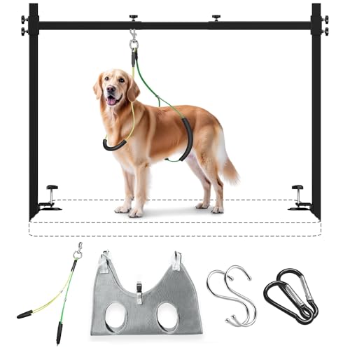 Dog Grooming Arm for Table L Size Adjustable 42 Height & 3143 Width H-Shape Stable Grooming Stand Clamp Fits up to 2.76 with Hammock & 2 Nooses for Home Grooming & Nail Trimming