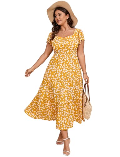 Image of KOJOOIN Women Plus Size Summer Dress Short Sleeve Casual Dress Floral Midi Dress Sweetheart Neck Ruffle Dress