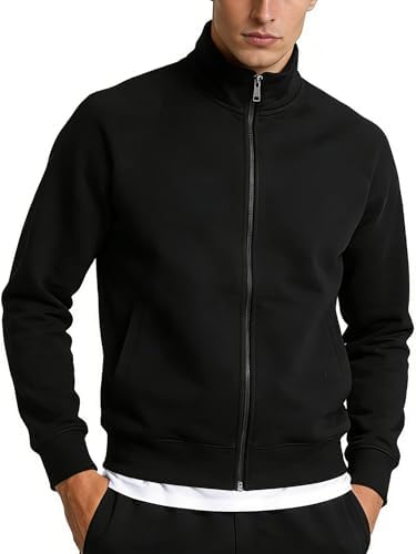 LINMYZAI Mens Zip Up Sweatshirt No Hood Mock Neck Sweatshirts Men's Fleece Jackets Full Zip Lightweight Jacket Seam Pocket, Black, Large