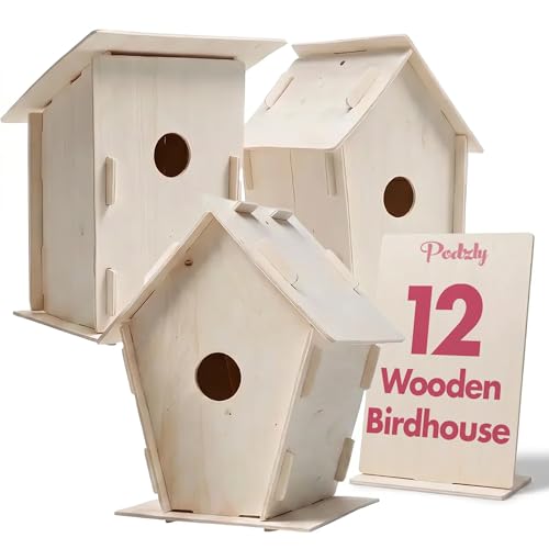 Podzly Kids Wooden Birdhouse Craft Kit 12 Pack DIY Bird House Kits for Kids Ages 3+ Personalize Build & Paint Your Own Birdhouse 3 Designs for Parties Classroom & Homeschool Activities