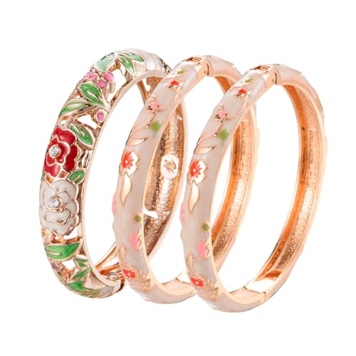 Image of UJOY Womens Multi-colors Cloisonne Bracelet Gold Plated Flower Hollowed Enameled Hinged Cuff Bangles Jewelry Gift 88A10